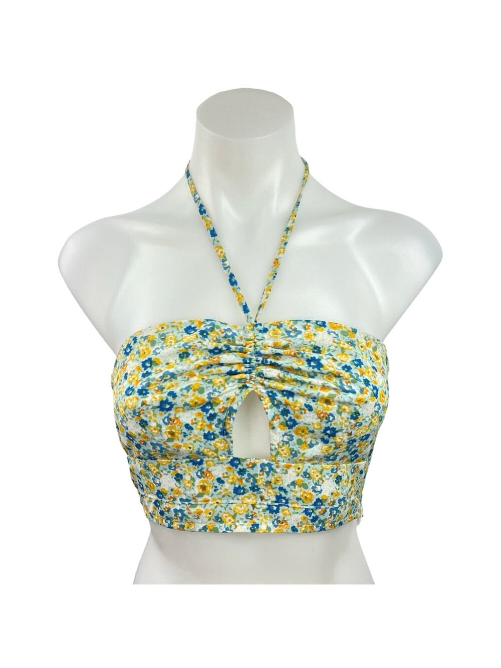 Et Clet Multi Floral Print Key Hole Front Halter Neck Smocked Back Crop Top Sz S